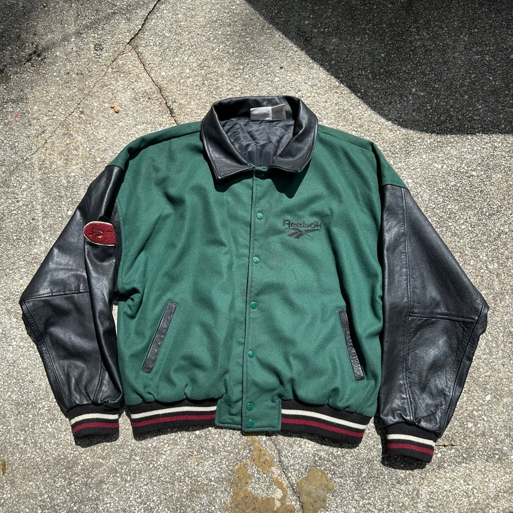 Vtg 90s Reebok Varsity Jacket Green Wool Black Leather Sleeves XL Chenille Patch